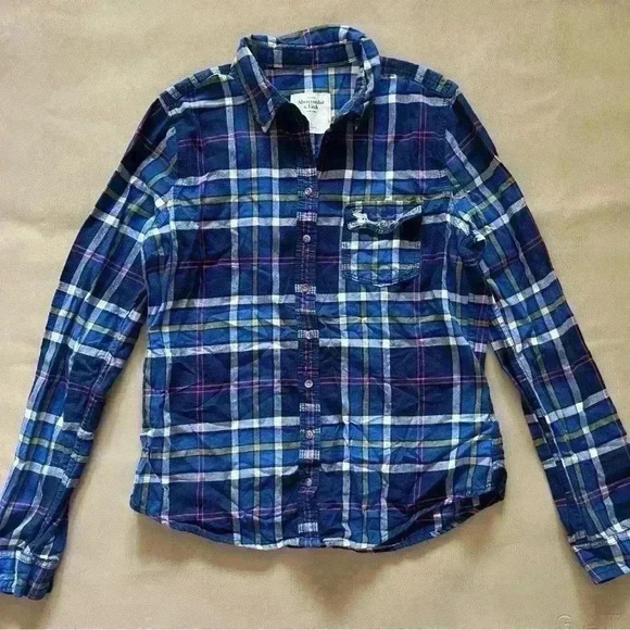 Abercrombie & Fitch New York Flannel Plaid Button Down Shirt Navy Blue Large - Picture 9 of 9